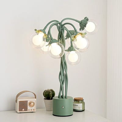 Traditional French Orb Flowers Branches PVC Lampshade Iron Cylindrical Base 7 - Light Table Lamp For Bedroom