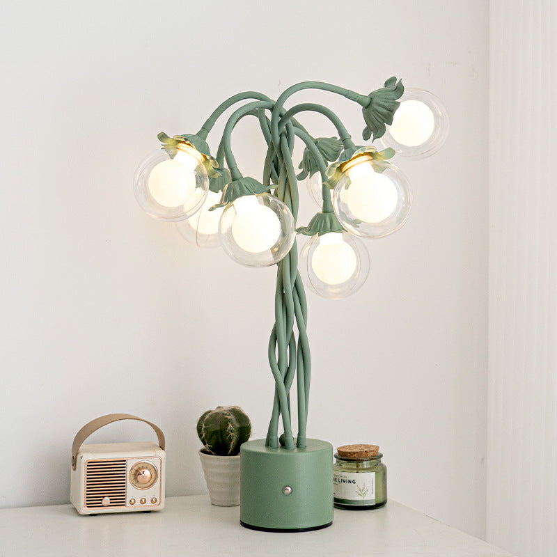 Traditional French Orb Flowers Branches PVC Lampshade Iron Cylindrical Base 7 - Light Table Lamp For Bedroom