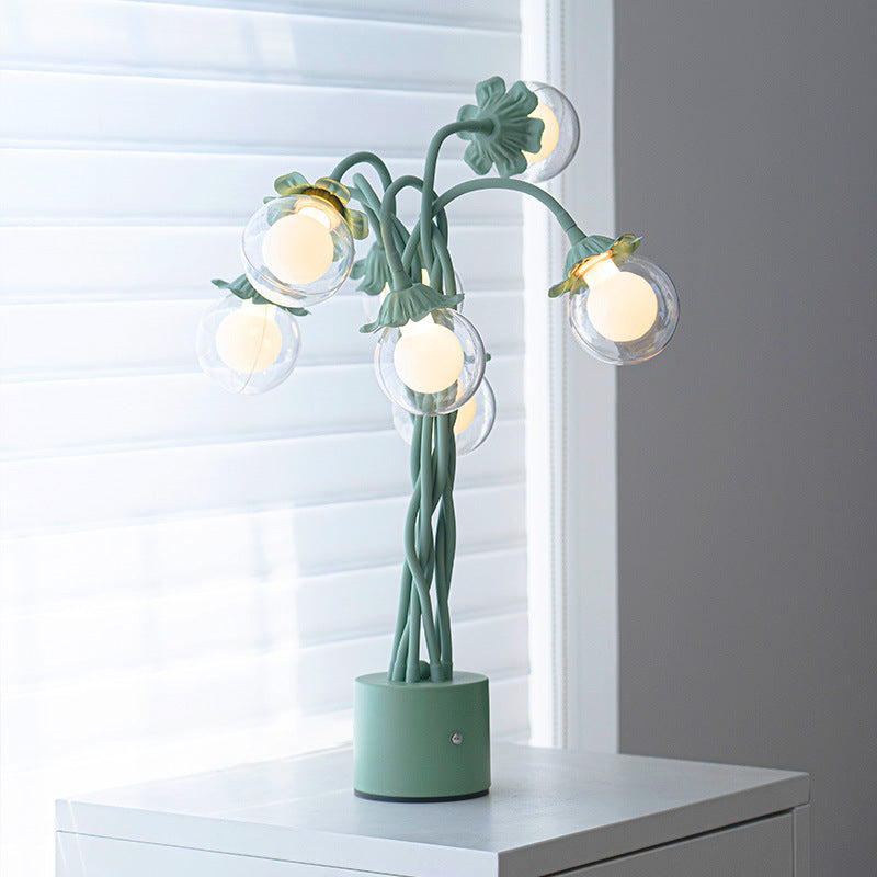 Traditional French Orb Flowers Branches PVC Lampshade Iron Cylindrical Base 7 - Light Table Lamp For Bedroom