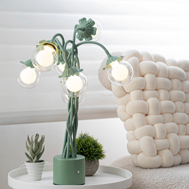 Traditional French Orb Flowers Branches PVC Lampshade Iron Cylindrical Base 7 - Light Table Lamp For Bedroom