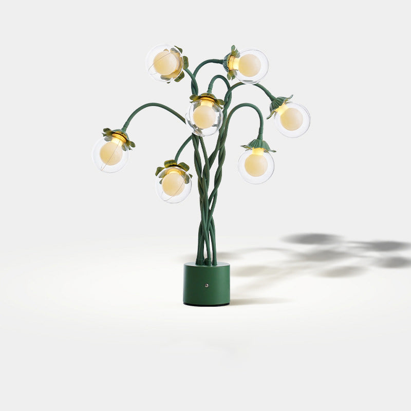 Traditional French Orb Flowers Branches PVC Lampshade Iron Cylindrical Base 7 - Light Table Lamp For Bedroom