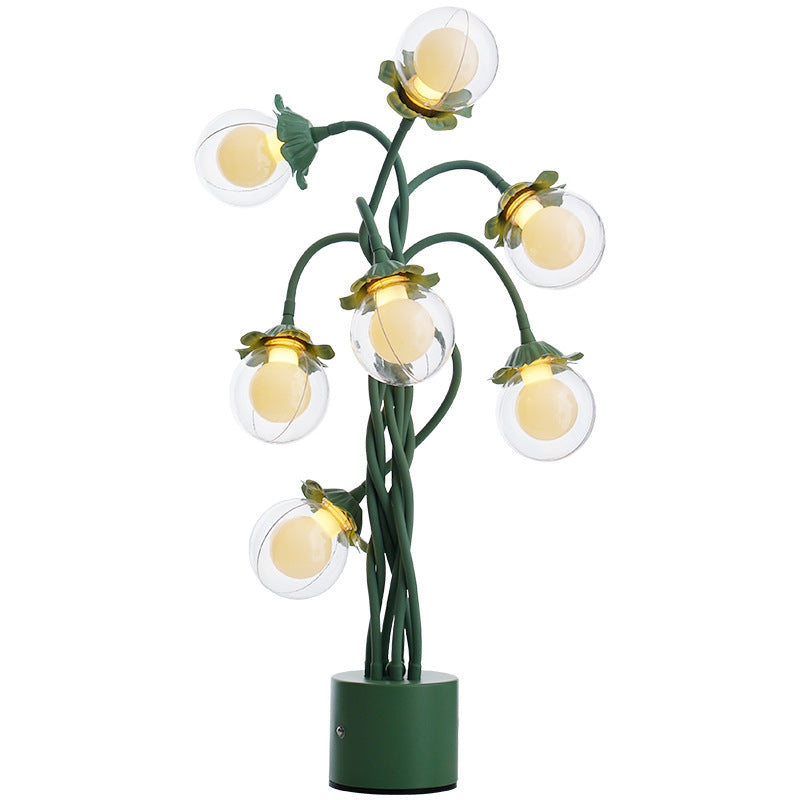 Traditional French Orb Flowers Branches PVC Lampshade Iron Cylindrical Base 7 - Light Table Lamp For Bedroom