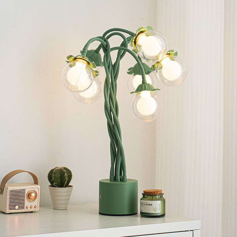 Traditional French Orb Flowers Branches PVC Lampshade Iron Cylindrical Base 7 - Light Table Lamp For Bedroom