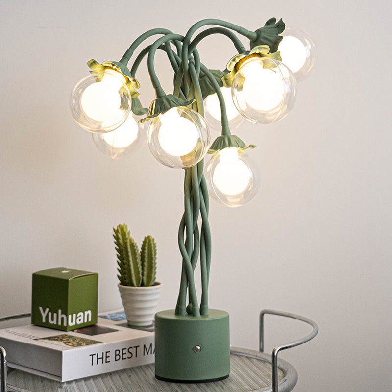 Traditional French Orb Flowers Branches PVC Lampshade Iron Cylindrical Base 7 - Light Table Lamp For Bedroom