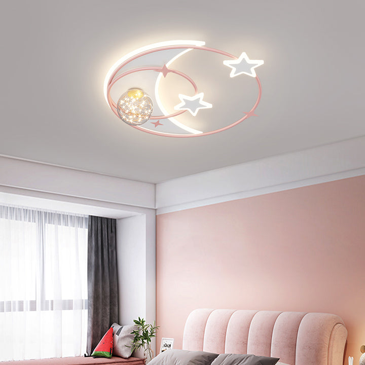 Contemporary Creative Round Starry Sky Moon Star Iron Acrylic LED Flush Mount Ceiling Light For Bedroom