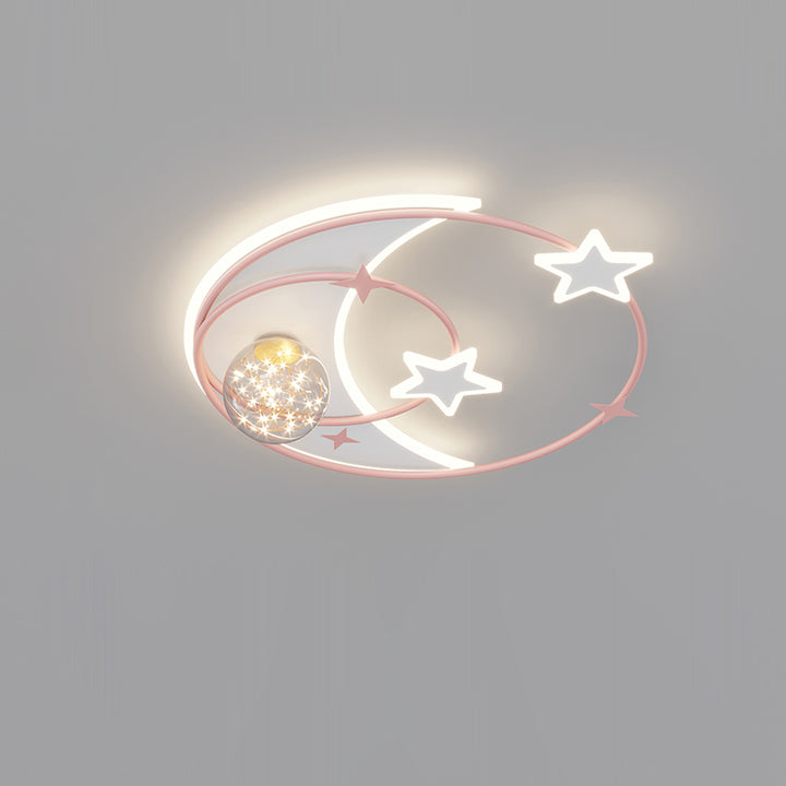 Contemporary Creative Round Starry Sky Moon Star Iron Acrylic LED Flush Mount Ceiling Light For Bedroom