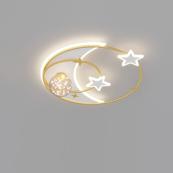 Contemporary Creative Round Starry Sky Moon Star Iron Acrylic LED Flush Mount Ceiling Light For Bedroom