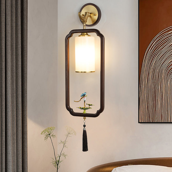 Traditional Chinese Polygonal Copper Frame Cylindrical Glass Lampshade Walnut 1 - Light Wall Sconce Lamp For Living Room