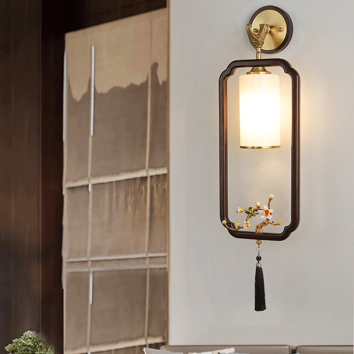 Traditional Chinese Polygonal Copper Frame Cylindrical Glass Lampshade Walnut 1 - Light Wall Sconce Lamp For Living Room