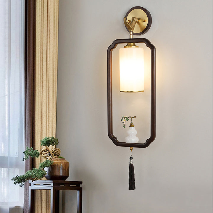 Traditional Chinese Polygonal Copper Frame Cylindrical Glass Lampshade Walnut 1 - Light Wall Sconce Lamp For Living Room