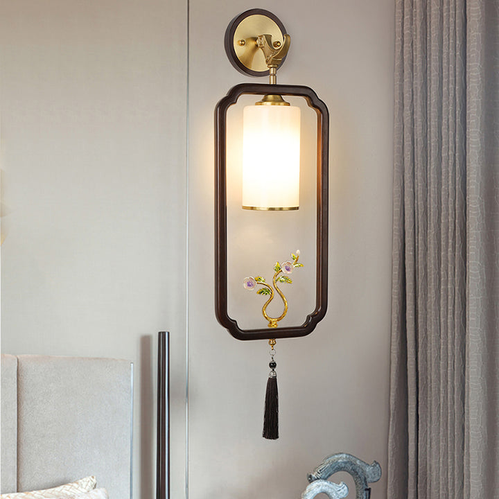Traditional Chinese Polygonal Copper Frame Cylindrical Glass Lampshade Walnut 1 - Light Wall Sconce Lamp For Living Room