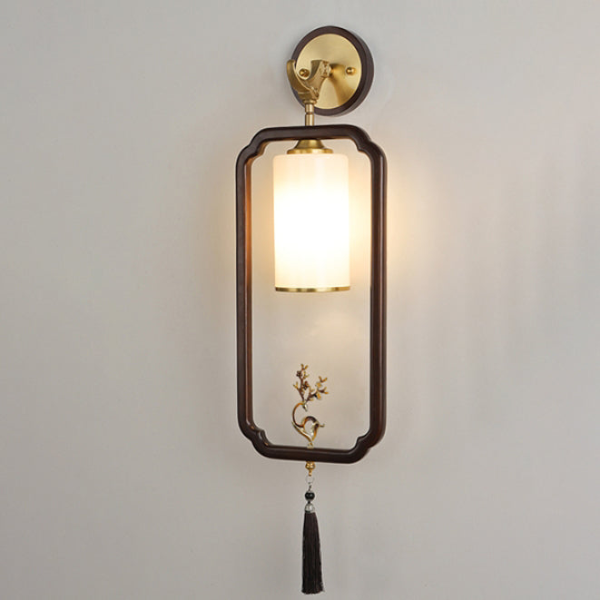 Traditional Chinese Polygonal Copper Frame Cylindrical Glass Lampshade Walnut 1 - Light Wall Sconce Lamp For Living Room