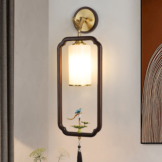 Traditional Chinese Polygonal Copper Frame Cylindrical Glass Lampshade Walnut 1 - Light Wall Sconce Lamp For Living Room