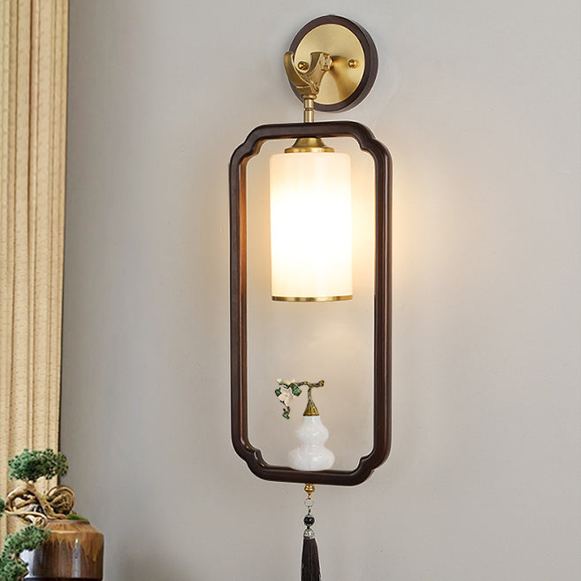 Traditional Chinese Polygonal Copper Frame Cylindrical Glass Lampshade Walnut 1 - Light Wall Sconce Lamp For Living Room