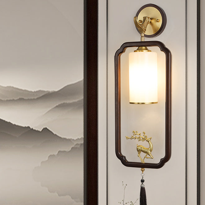 Traditional Chinese Polygonal Copper Frame Cylindrical Glass Lampshade Walnut 1 - Light Wall Sconce Lamp For Living Room