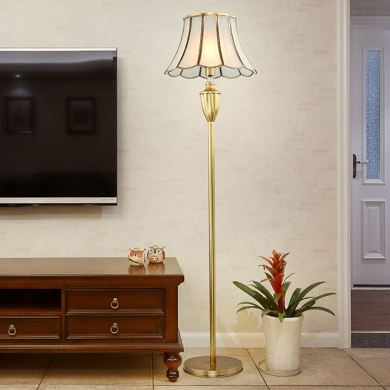 Traditional European Hat Shape Full Copper Glass 1 - Light Standing Floor Lamp For Living Room