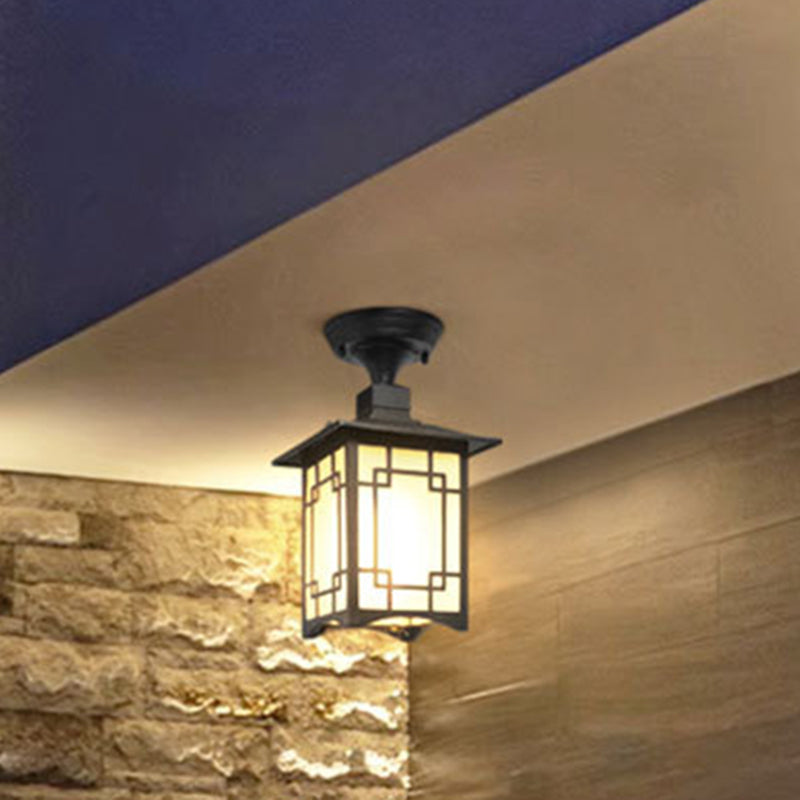 Traditional Chinese Dome Square Cube Aluminum Iron Glass Waterproof 1 - Light Semi-Flush Mount Ceiling Light For Hallways