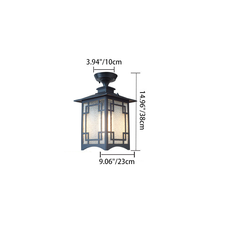 Traditional Chinese Dome Square Cube Aluminum Iron Glass Waterproof 1 - Light Semi-Flush Mount Ceiling Light For Hallways