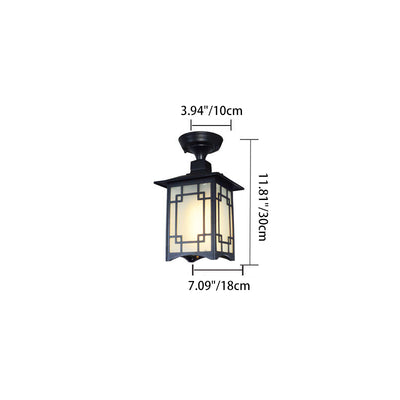 Traditional Chinese Dome Square Cube Aluminum Iron Glass Waterproof 1 - Light Semi-Flush Mount Ceiling Light For Hallways