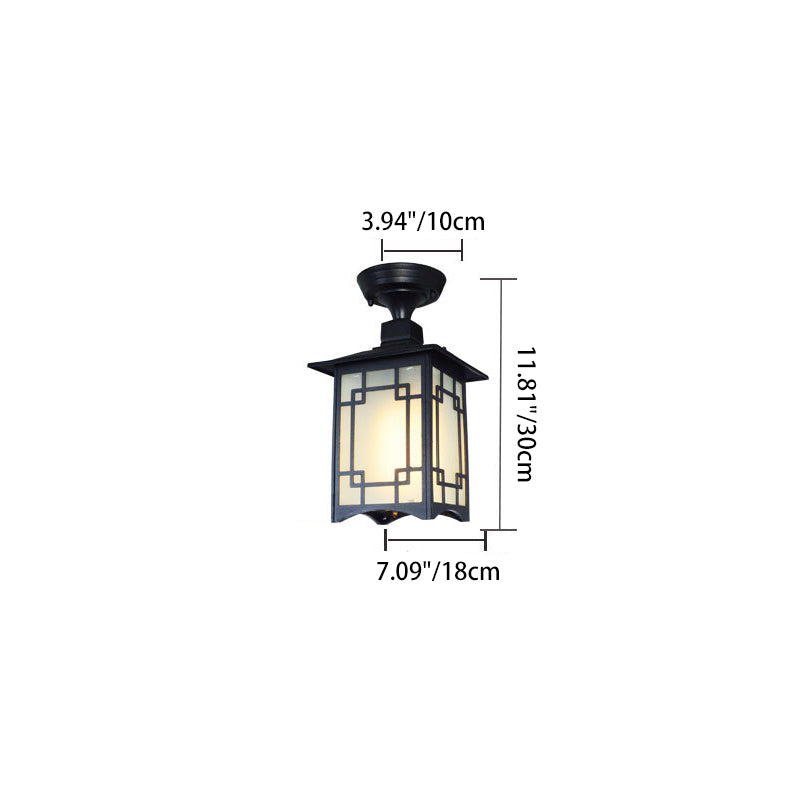 Traditional Chinese Dome Square Cube Aluminum Iron Glass Waterproof 1 - Light Semi-Flush Mount Ceiling Light For Hallways