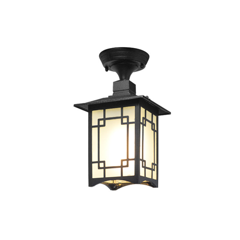 Traditional Chinese Dome Square Cube Aluminum Iron Glass Waterproof 1 - Light Semi-Flush Mount Ceiling Light For Hallways