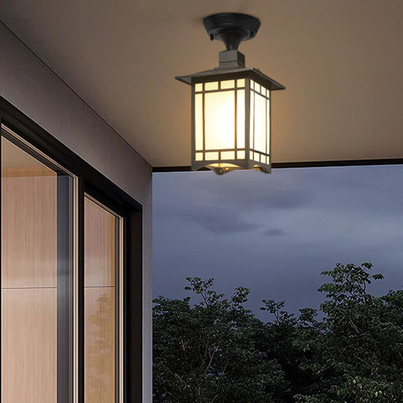 Traditional Chinese Dome Square Cube Aluminum Iron Glass Waterproof 1 - Light Semi-Flush Mount Ceiling Light For Hallways