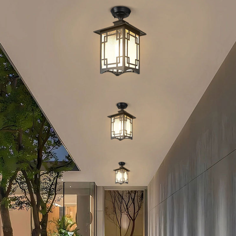 Traditional Chinese Dome Square Cube Aluminum Iron Glass Waterproof 1 - Light Semi-Flush Mount Ceiling Light For Hallways
