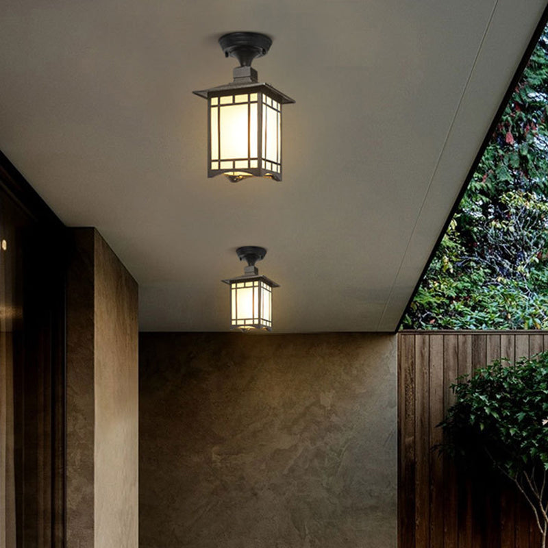 Traditional Chinese Dome Square Cube Aluminum Iron Glass Waterproof 1 - Light Semi-Flush Mount Ceiling Light For Hallways