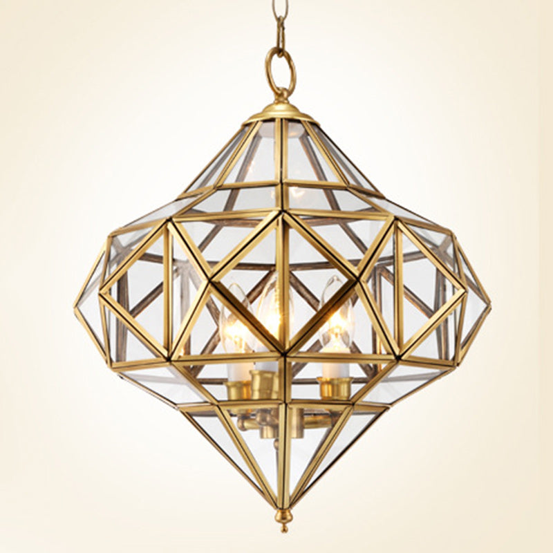 Traditioneller europäischer Rhombus-Diamant-Würfel Messing-Glas-Lampenschirm 3 - Licht Pendelleuchte für Wohnzimmer 