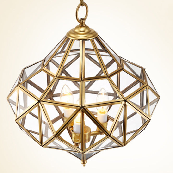 Traditioneller europäischer Rhombus-Diamant-Würfel Messing-Glas-Lampenschirm 3 - Licht Pendelleuchte für Wohnzimmer 
