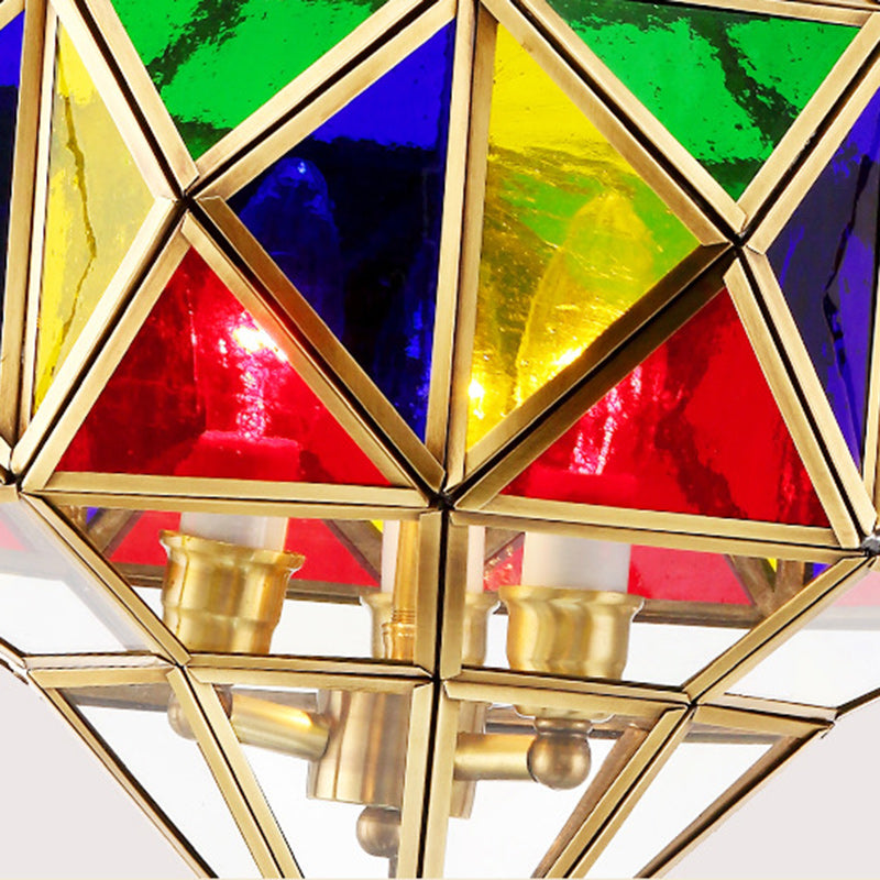 Traditioneller europäischer Rhombus-Diamant-Würfel Messing-Glas-Lampenschirm 3 - Licht Pendelleuchte für Wohnzimmer 