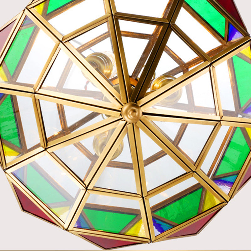 Traditioneller europäischer Rhombus-Diamant-Würfel Messing-Glas-Lampenschirm 3 - Licht Pendelleuchte für Wohnzimmer 