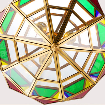 Pantalla de lámpara de vidrio de latón en forma de cubo de diamante rombo tradicional europeo 3 - Luz colgante para sala de estar 