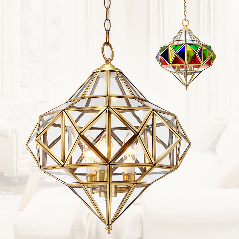 Traditioneller europäischer Rhombus-Diamant-Würfel Messing-Glas-Lampenschirm 3 - Licht Pendelleuchte für Wohnzimmer 