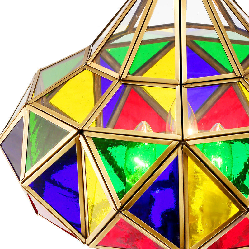 Traditioneller europäischer Rhombus-Diamant-Würfel Messing-Glas-Lampenschirm 3 - Licht Pendelleuchte für Wohnzimmer 
