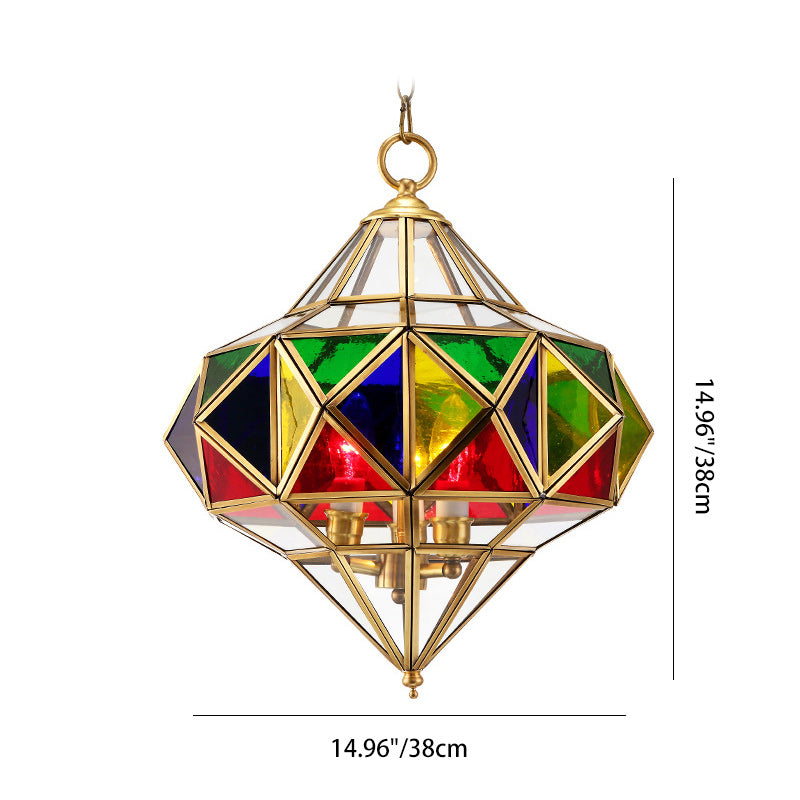 Pantalla de lámpara de vidrio de latón en forma de cubo de diamante rombo tradicional europeo 3 - Luz colgante para sala de estar 
