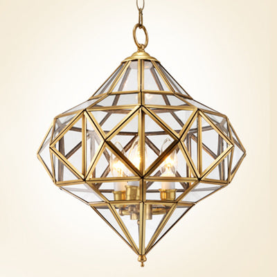 Pantalla de lámpara de vidrio de latón en forma de cubo de diamante rombo tradicional europeo 3 - Luz colgante para sala de estar 
