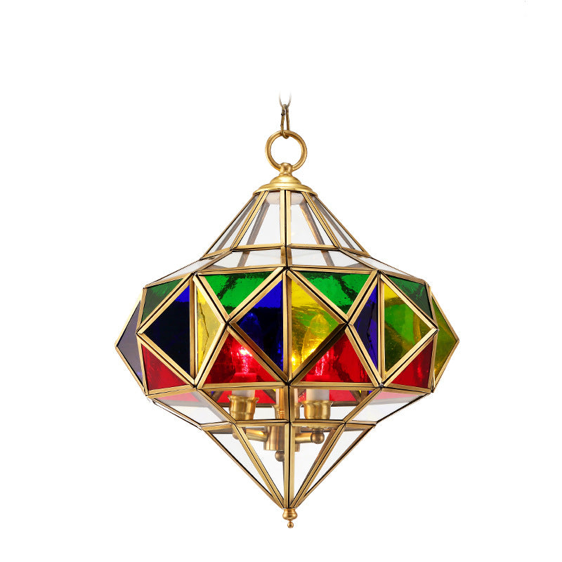 Pantalla de lámpara de vidrio de latón en forma de cubo de diamante rombo tradicional europeo 3 - Luz colgante para sala de estar 