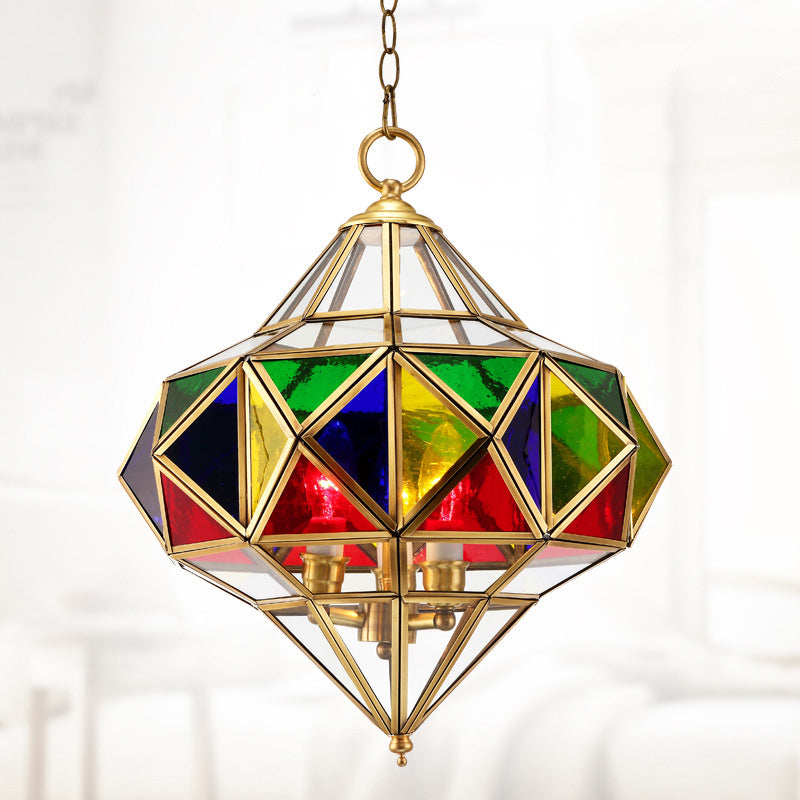 Traditioneller europäischer Rhombus-Diamant-Würfel Messing-Glas-Lampenschirm 3 - Licht Pendelleuchte für Wohnzimmer 