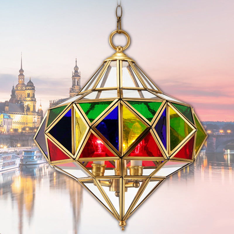 Traditioneller europäischer Rhombus-Diamant-Würfel Messing-Glas-Lampenschirm 3 - Licht Pendelleuchte für Wohnzimmer 