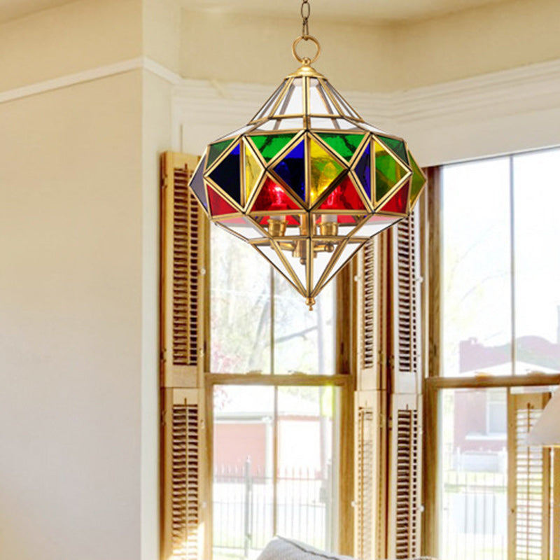 Pantalla de lámpara de vidrio de latón en forma de cubo de diamante rombo tradicional europeo 3 - Luz colgante para sala de estar 