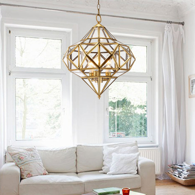 Traditioneller europäischer Rhombus-Diamant-Würfel Messing-Glas-Lampenschirm 3 - Licht Pendelleuchte für Wohnzimmer 