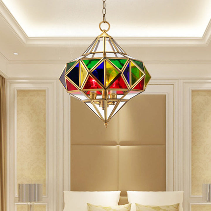 Traditioneller europäischer Rhombus-Diamant-Würfel Messing-Glas-Lampenschirm 3 - Licht Pendelleuchte für Wohnzimmer 