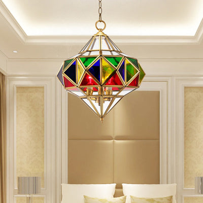 Pantalla de lámpara de vidrio de latón en forma de cubo de diamante rombo tradicional europeo 3 - Luz colgante para sala de estar 