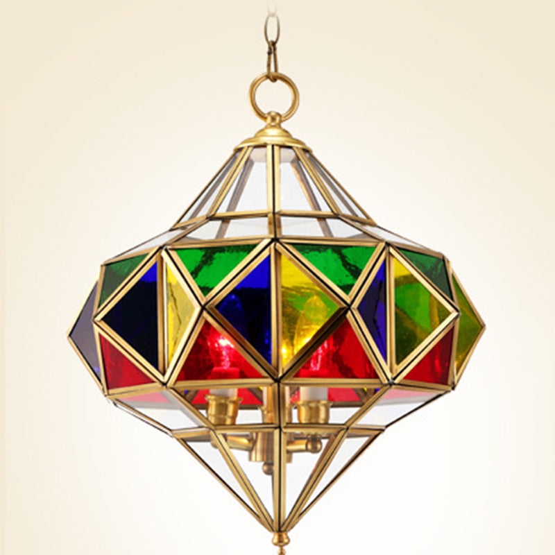 Traditioneller europäischer Rhombus-Diamant-Würfel Messing-Glas-Lampenschirm 3 - Licht Pendelleuchte für Wohnzimmer 