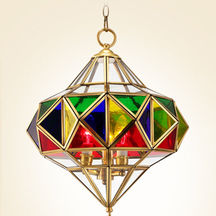 Traditioneller europäischer Rhombus-Diamant-Würfel Messing-Glas-Lampenschirm 3 - Licht Pendelleuchte für Wohnzimmer 