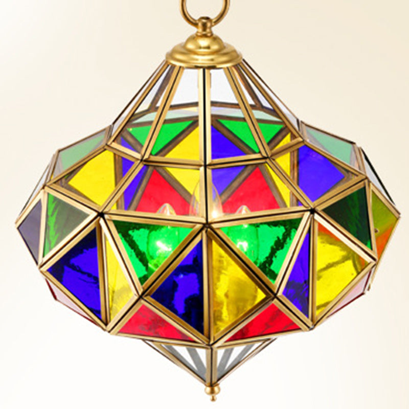 Traditioneller europäischer Rhombus-Diamant-Würfel Messing-Glas-Lampenschirm 3 - Licht Pendelleuchte für Wohnzimmer 