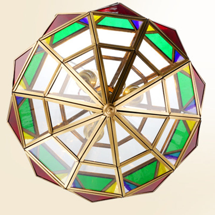 Traditioneller europäischer Rhombus-Diamant-Würfel Messing-Glas-Lampenschirm 3 - Licht Pendelleuchte für Wohnzimmer 