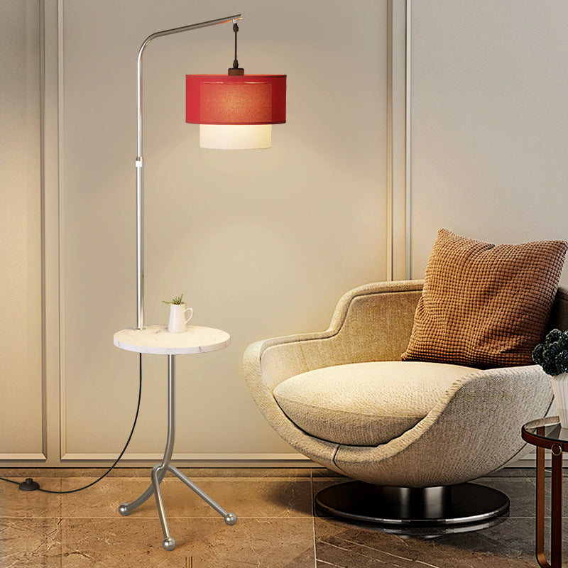 Lampe de sol contemporaine nordique avec base en fer, abat-jour en tissu rond en marbre, 1 lumière pour salon 