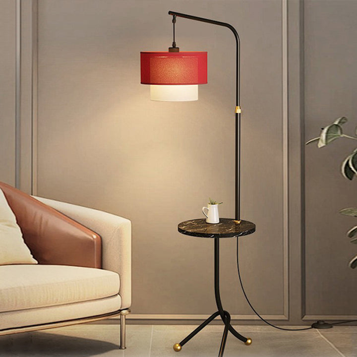 Lampe de sol contemporaine nordique avec base en fer, abat-jour en tissu rond en marbre, 1 lumière pour salon 